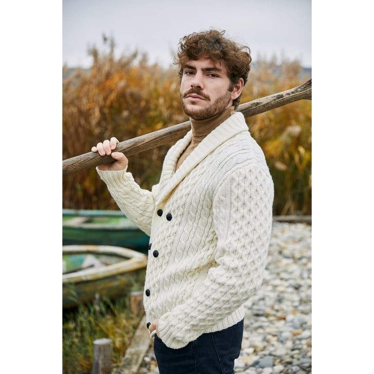 SAOL 100% Merino Wool Double Breasted Shawl Irish Cardigan Sweater Men's  Cable Knit Aran Buttons Sweater Made in Ireland