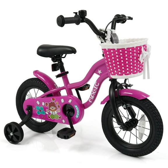 Costway 12” Kids Bike with Training Wheels, Basket, Hand & Coaster Brakes, Adjustable Seat Rosy