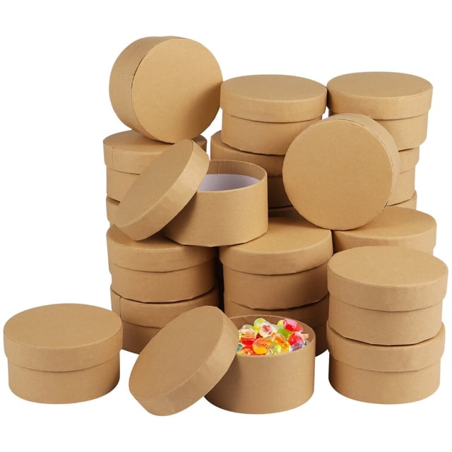 24 cajas de regalo redondas de papel maché, cajas de regalo pequeñas con tapa, cajas vacías para manualidades de cartón DIY de papel Kraft
