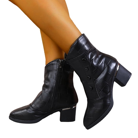 Willtoo Women Block Heel Ankle Boots Side Zipper Button Decor Mid Heel Short Booties Vintage Faux Leather Casual Dress Boots for Fall Winter Daily Office Wear