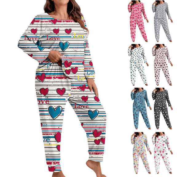 Mifsaly Plus Size Pajama Set Women Casual 2 Piece Pjs Oversized Cute Print Loungewear Crewneck Long Sleeve Loose Sleepwear Pullover Nightwear High Pants Baggy Pants 2025 Cozy Matching Outfits