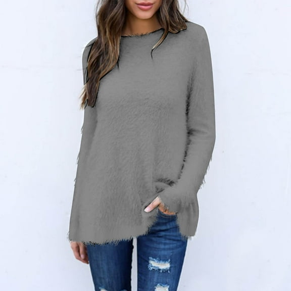 Blmnix Sweater Winter Tops for Woman Gray Tunic Crew Neck Solid Long Sleeve Pullover Tops for Junior Casual