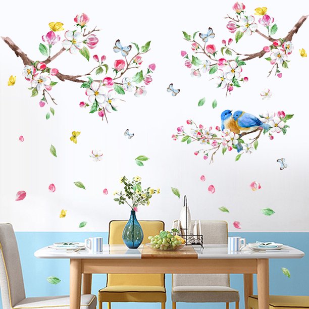 Un conjunto de pegatinas de pared de ramas de flores de pájaro, pegatina de pared para sala de estar, azulejo de cocina para habitación de niños, adultos y adolescentes JAMW Sencillez