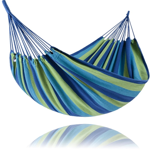 Hammocks Portable Camping Hammock Upgraded Comfortable Fabric Hammock with Two Anti Roll Balance Beam and Sturdy Tree Straps for Camping, Patio, (Blue Green,260*80cm)