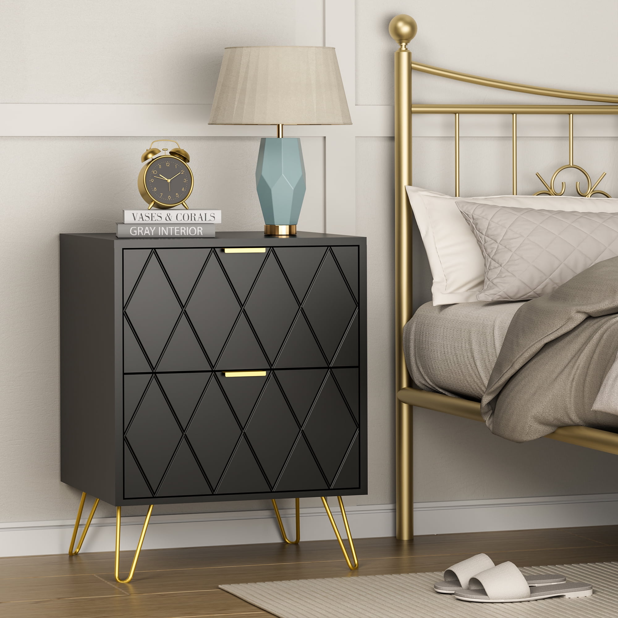 eclife Set of 2 Black Nightstand with 2 Drawers, Modern Bedside Table with Gold Handles for Bedroom or Living Room