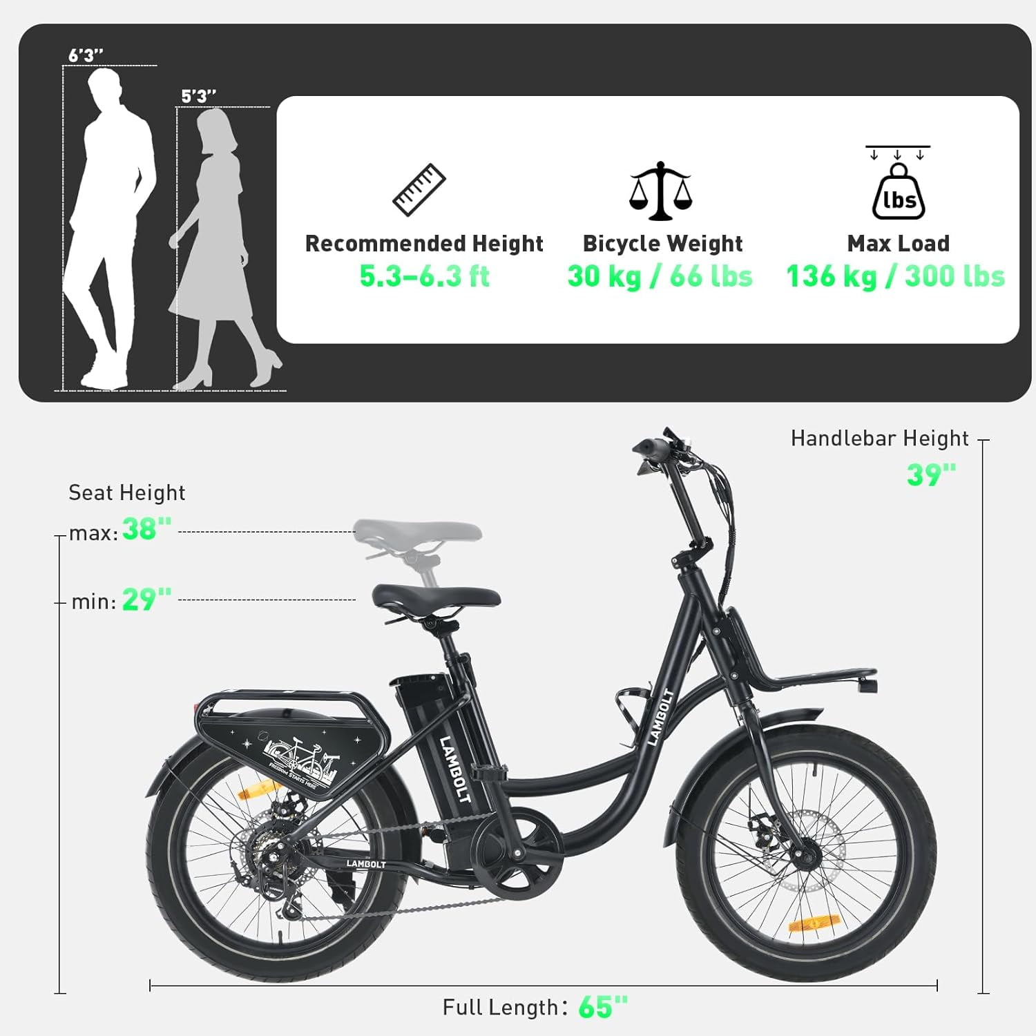 Adult Electric Bike, 1000W Peak Motor Ebike, 48V 15Ah Removable Battery, 20 inch Fat Tire, 7 Speed, Step-Thru Commuter Bicycle, 24MPH Max Speed, 70 Miles Long Range