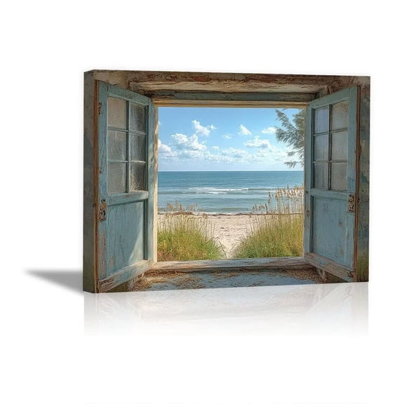 Distressed Blue Wooden Window Frame Seaside Dune Beach View Framed Wrapped Canvas Posters for Kitchen Office Bedroom Decor,Ready to Hang-12"L x 8"W