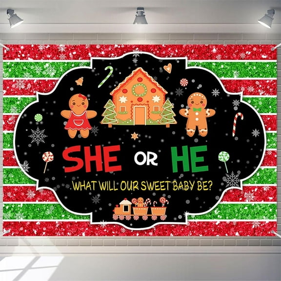 7x5ft He or She Whats Baking Christmas Gender Reveal Backdrop Gingerbread Bakery Theme Background Winter Baby Shower Photo Prop