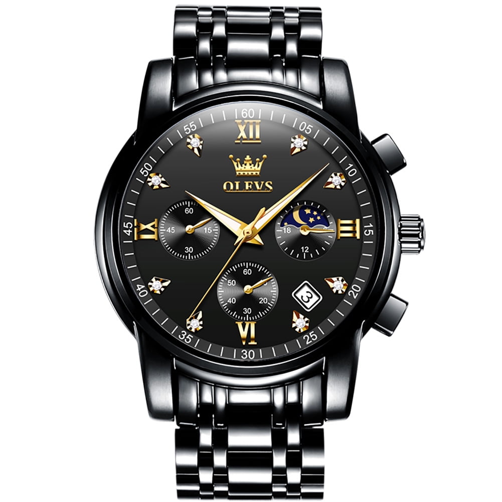 OLEVS Watches for Men Luxury Dress Casual Analog Quartz Gold Plated Stainless Steel Chronograph Moon Phase Waterproof Luminous Date Business Mens Wrist Watches Reloj Para Hombre