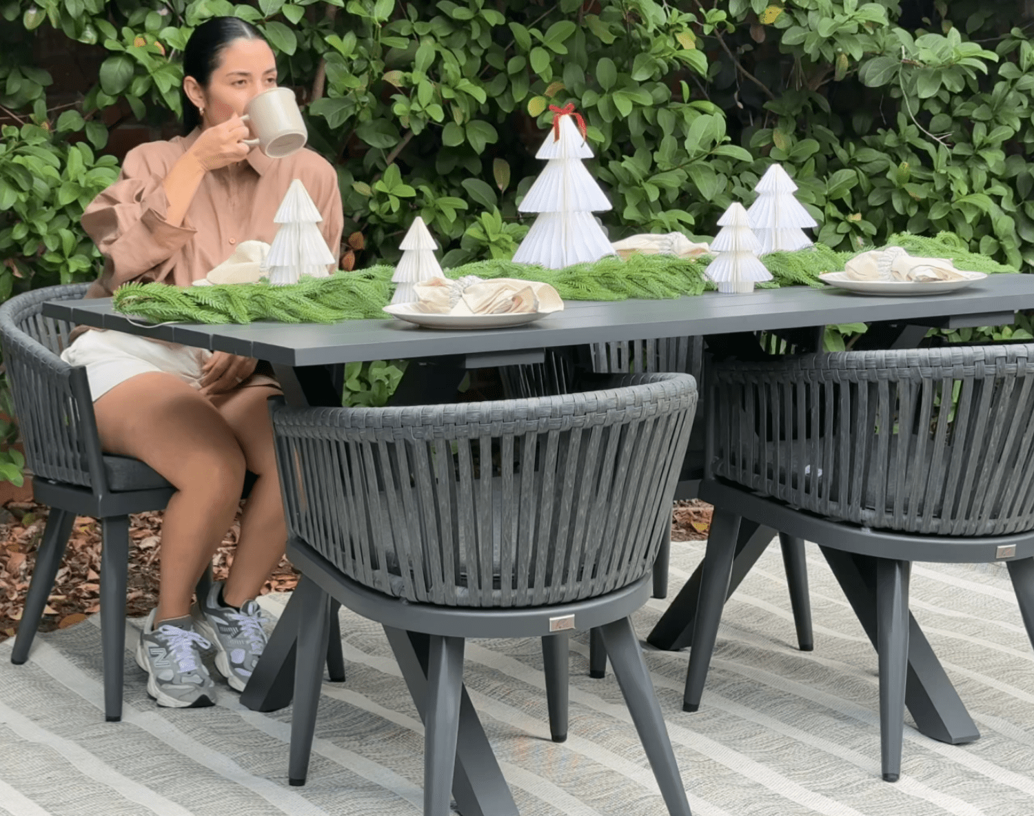 PURPLE LEAF 7 Pieces Patio Dining Set, Rectangular Aluminum Outdoor Table and 6 Wicker Chairs with Cushions for Garden Kitchen and Porch, Grey