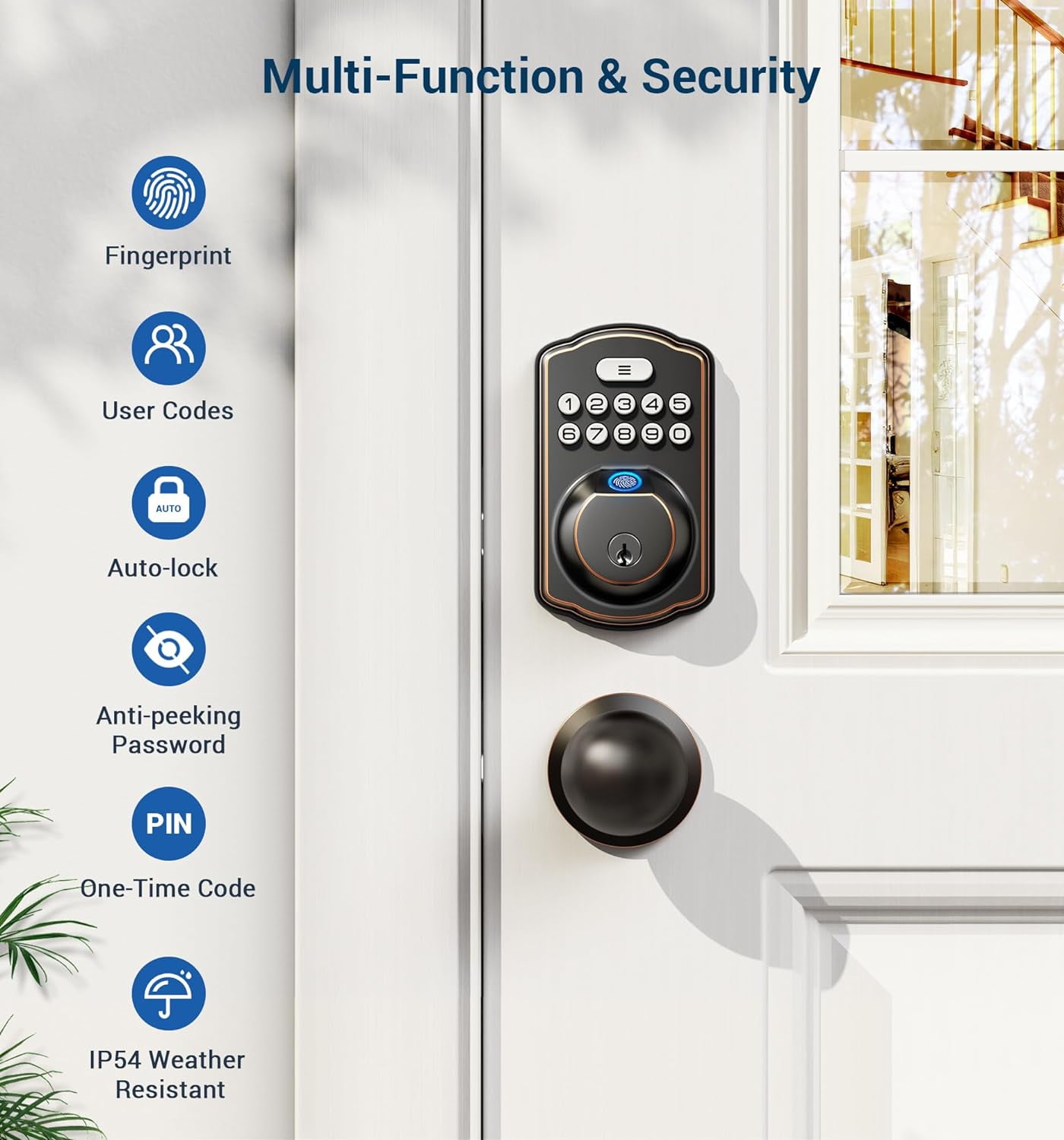 Veise Fingerprint Door Lock with 2 Knobs, Keyless Entry Door Lock with Knob, Electronic Keypad Deadbolt, Waterproof, Easy Installation, Bronze