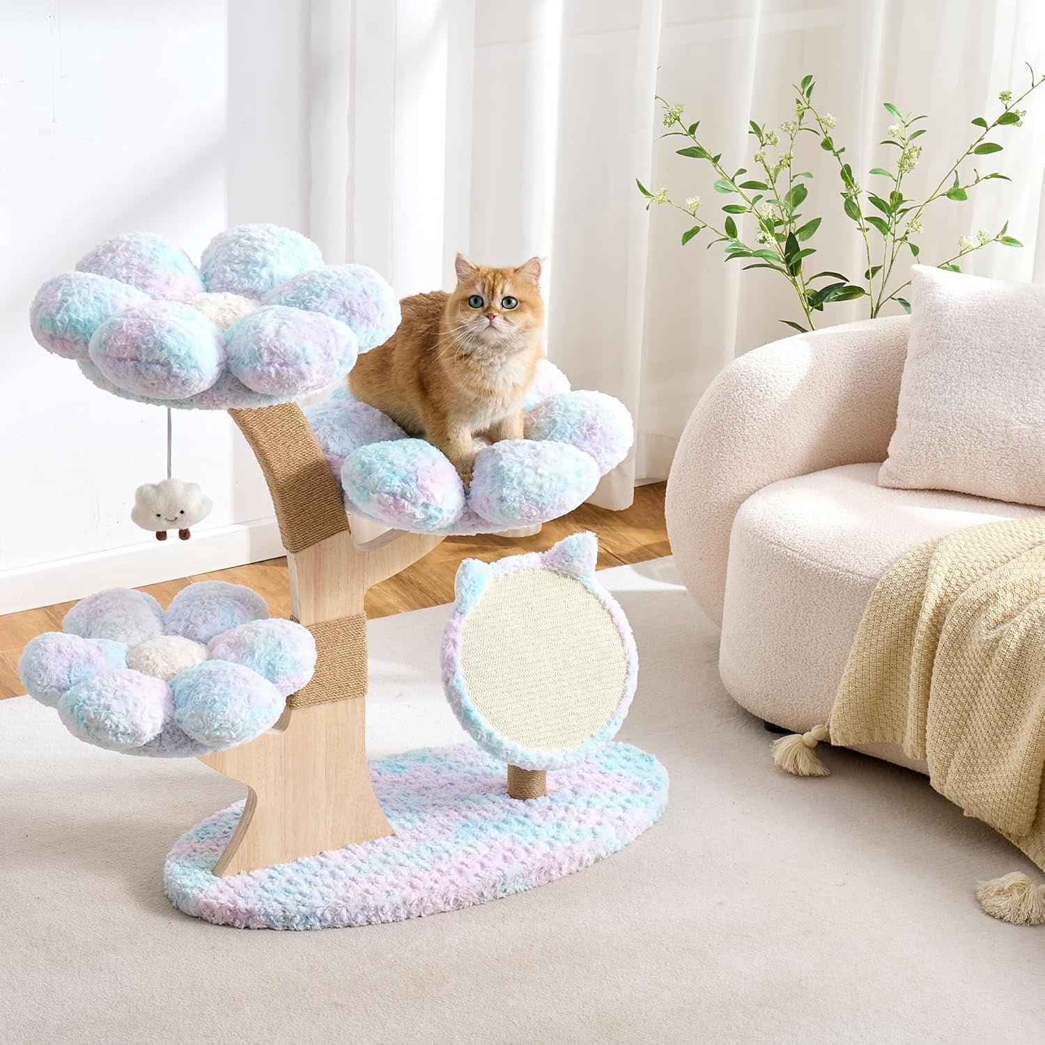 Modern Cat Tree Tower for Indoor Cats Large Adult, 37 inch Flower Cat Tree with Scratching Post, Luxury Aesthetic Cat Tree with Cloud-Soft Flower Perches and Physical Mouse-Sound Hanging Toy