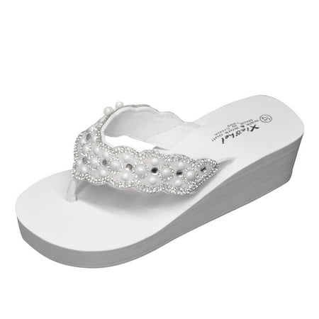 

knqrhpse slippers for women Summer Fashion Rhinestones Wedges Flip Flops Beach Shoes womens slippers house slippers for women