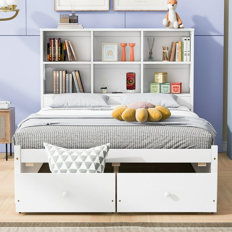Kacho Full Size Platform Bed with Storage Headboard, Charging
