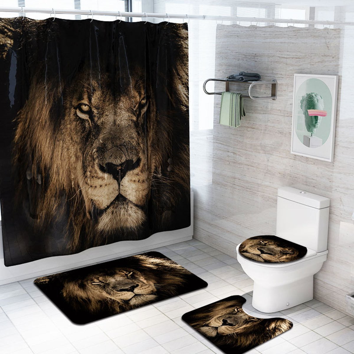 Lion Head Shower Curtain Bath Mat Toilet Cover Rugs Bathroom Carpet Decor Sets 
