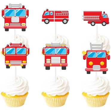 18pcs Red Glitter Fire Truck Cupcake Toppers - Firefighter Theme Party Decor For Birthday & Baby Showers