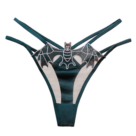 Fulorrnie Women s Bat Embroidered Thong Underwear Crisscross Straps Seamless Panties Lingerie Briefs Nylon Spandex Stretch Fit No Show Delicate Design  Dark Green  One Size