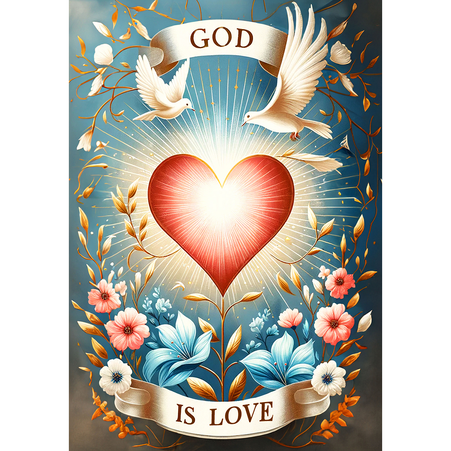 America Forever God Is Love House Flag, 28 x 40 inch Double Sided, Sacred Heart Doves Floral Christian Religious Inspirational Spiritual Outdoor Decor