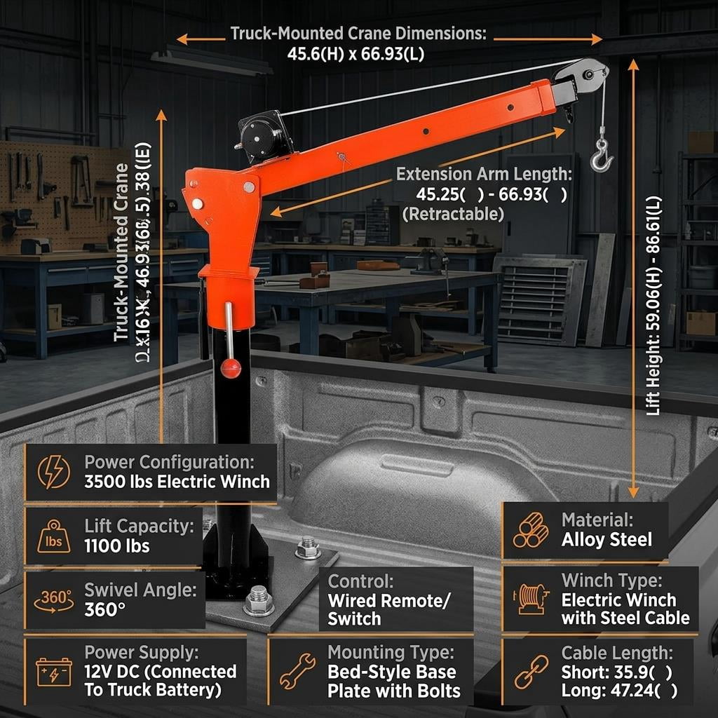 Tanfengu Pickup Truck Crane, 1100 LBS Capacity 12V DC Electric Hoist Crane with 3500 LBS Winch, 360° Swivel Adjustable Arm for Farm Garage Workshop