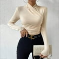 thumbnail image 2 of Women's T-Shirts Long Sleeve Womens Fall Tops Autumn Winter With A Neckline Slim Fit Versatile Pleated Blouses Casual Beige XL, 2 of 9