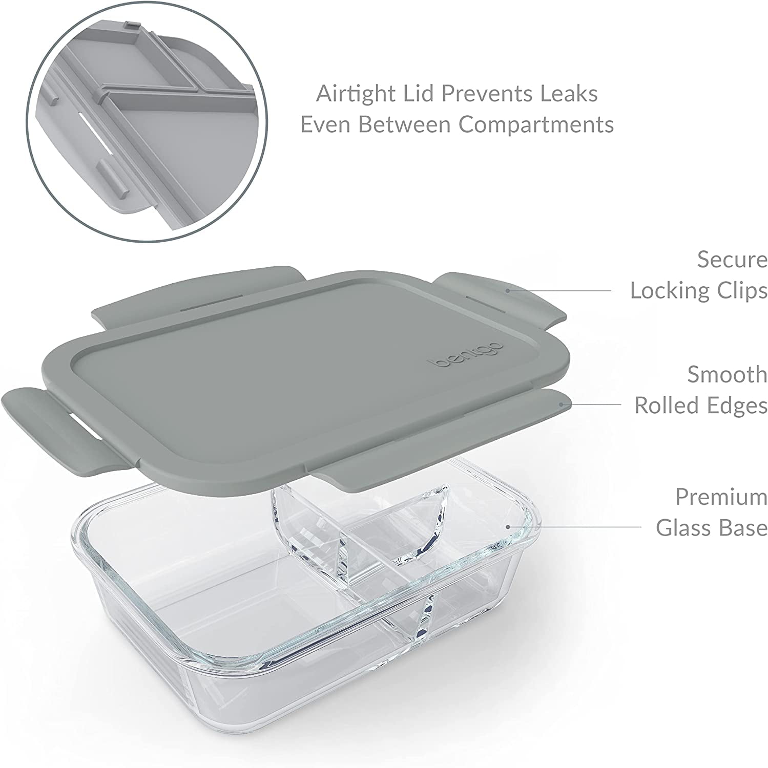 Bentgo Glass (Gray) – Leak-Proof, 3-Compartment Oven-Safe Glass