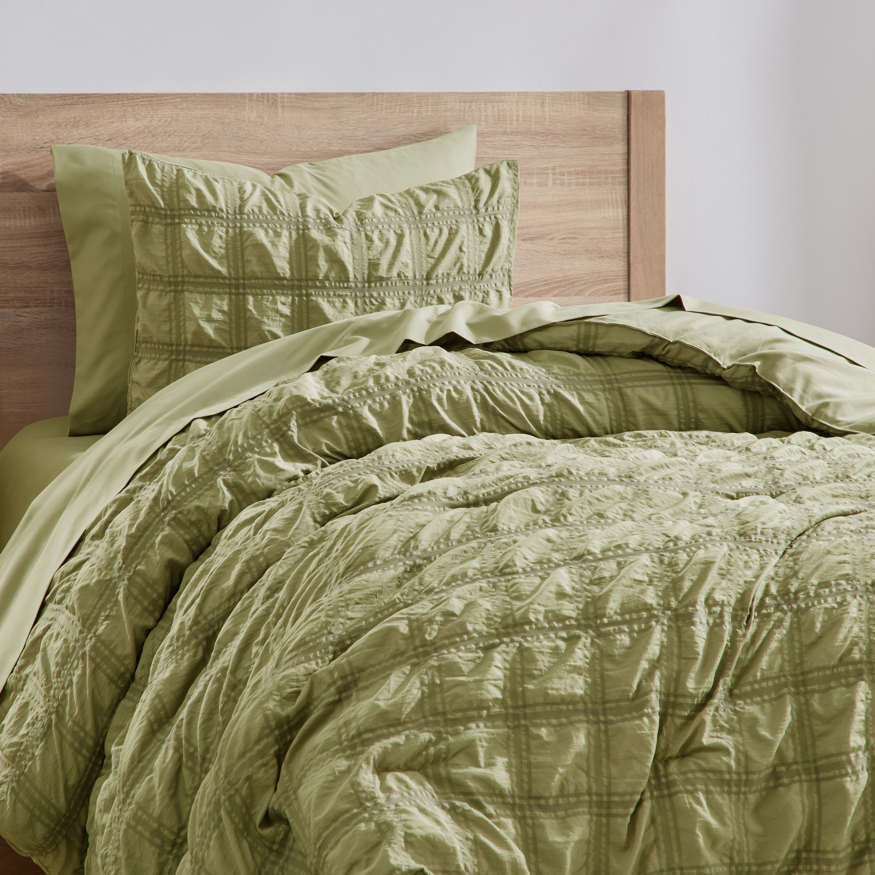 LammaLoe Twin Comforter Sets, 7 Piece Seersucker Bed in a Bag, Bedding Comforter Set with Sheets, Modern Bed Set, Olive Green