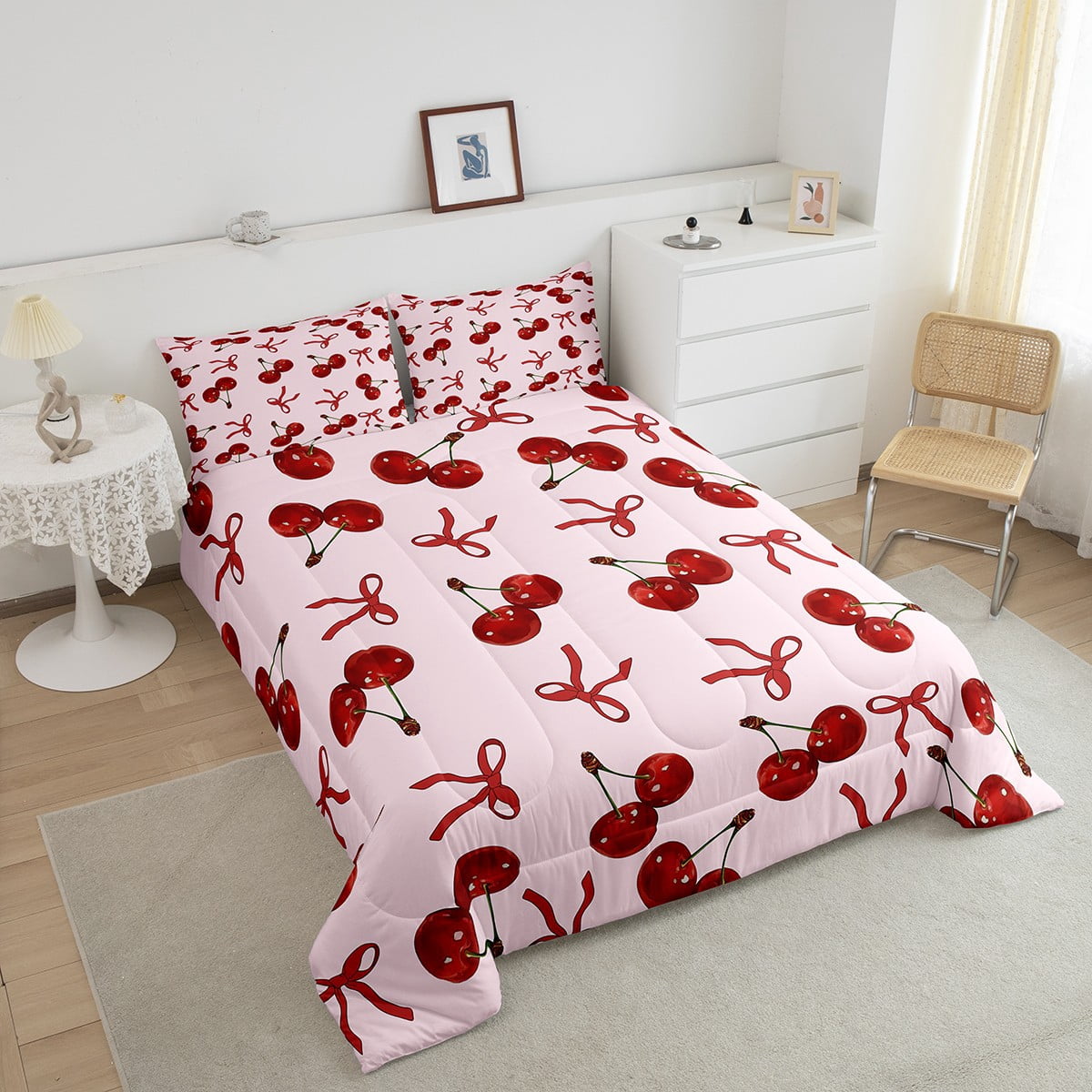 Erosebridal Dreamy Cherry Bedding Sets Queen with Comforter, Cartoon Bow Duvet Insert, Princess Style Decor, Microfiber 3 Pieces