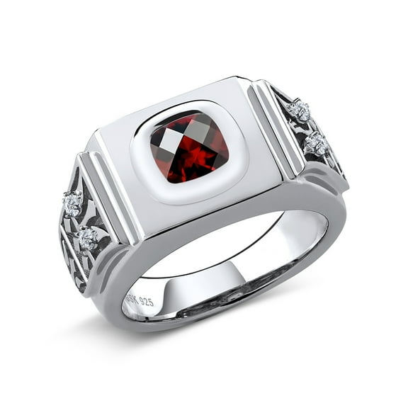 Gem Stone King Men's 925 Sterling Silver Cushion Checkerboard Red Garnet and White Moissanite Ring (2.53 Cttw, Gemstone Birthstone,, Size 10)