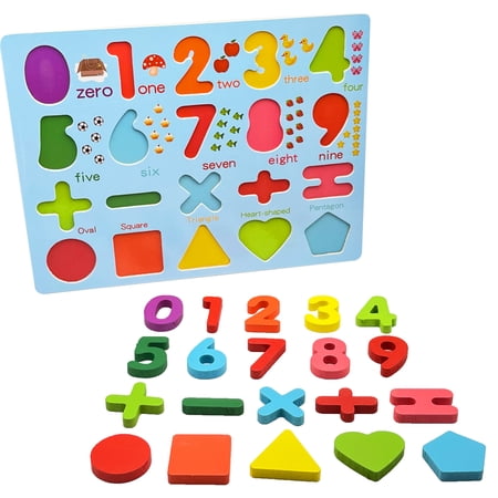 Wooden Numbers Math Symbols & Shapes Puzzle Board
