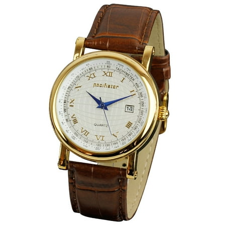 PACIFISTOR  Quartz Watch Yellow Gold Case Leather Belt 3 Hands Date Birthday Gift for Friends Lovers Young