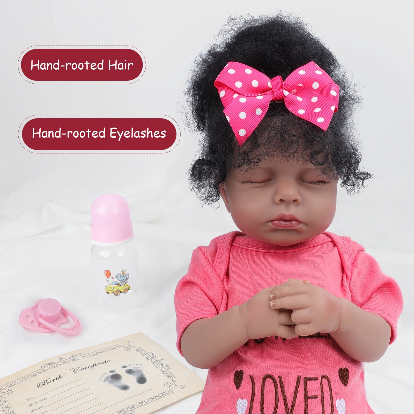 20 Inch Reborn Baby Doll Black Doll, Lifelike Baby Doll with Soft Cloth Body, Hand Rooted Curly Hair, Realistic African American Doll Toy for Kids Age 3+