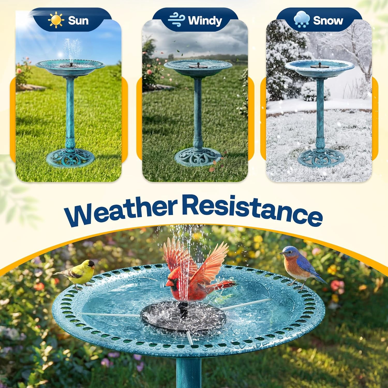 SPECSTAR Bird Bath, Polyresin Antique Outdoor Blue Garden Birdbath and Solar Powered Round Pond Fountain Combo Set