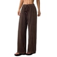 thumbnail image 3 of Women'S Striped High Waist Drawstring Wide Leg Loose Casual Trousers with Pockets Dark Brown XL, 3 of 9