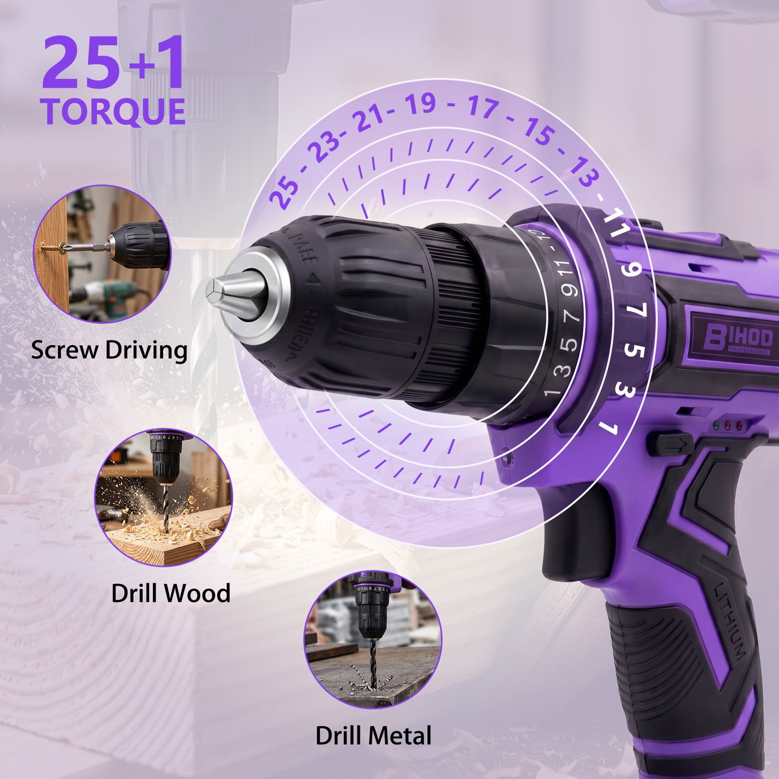 20V Purple Power Drill,Electric Drill Cordless with Battery and Charger,3/8-Inch Keyless Chuck, Variable Speed,with Drills Bits Set