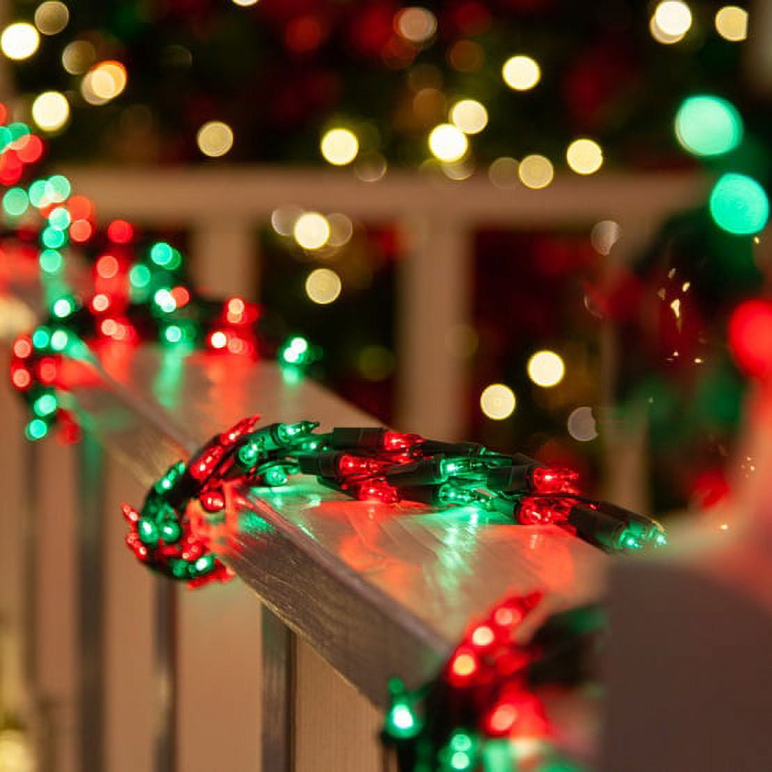 Wintergreen Lighting Red/Green Cluster String Lights Garland, 9ft, 300 Lights, Green Wire Christmas Patio Porch Railing Banister Lights