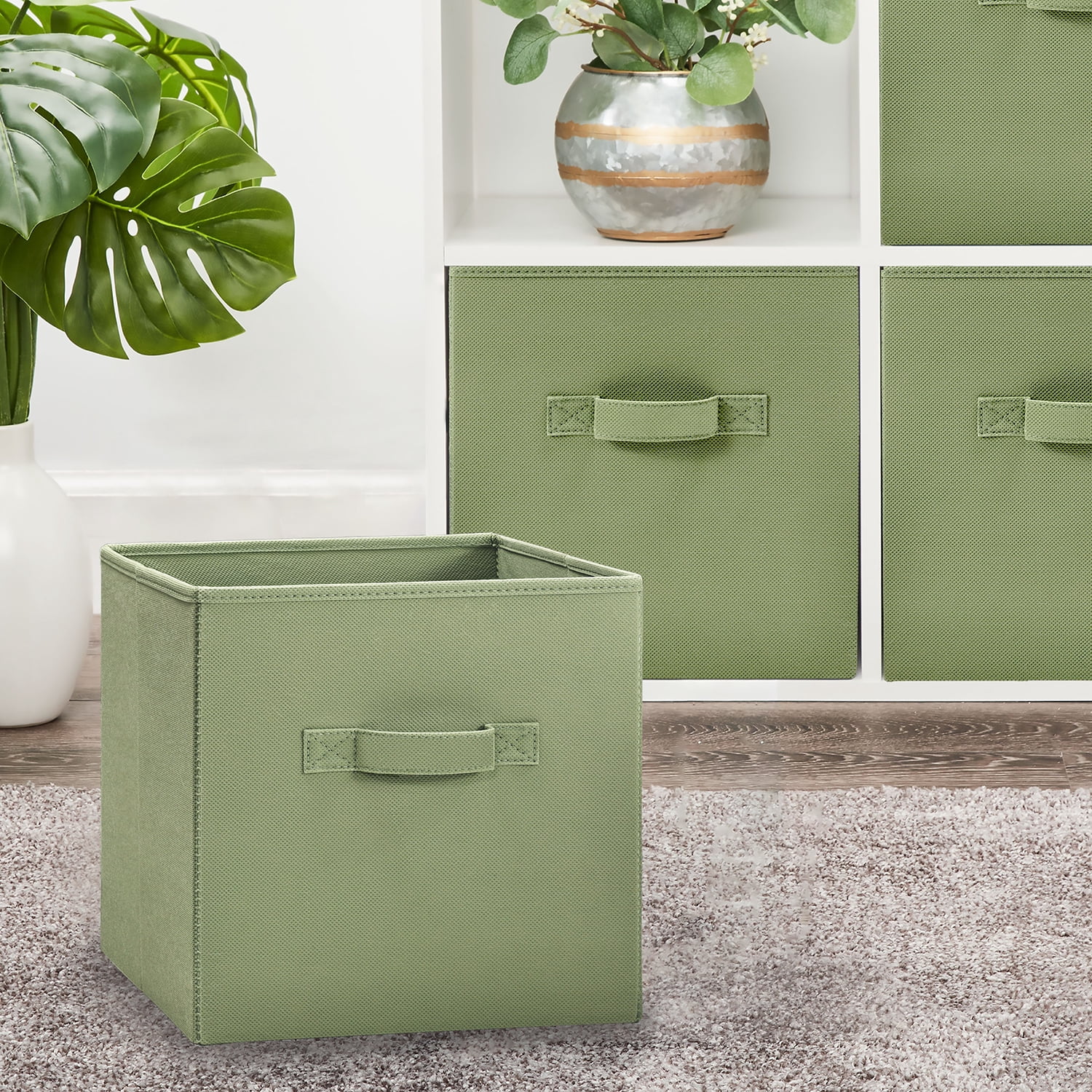 Mainstays Collapsible Cube Fabric Storage Bins, Olive Grove, 6 Pack