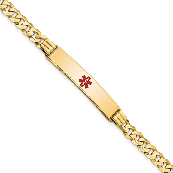 14K Yellow Gold Medical Red Enamel Curb Link Id Bracelet (7 X 8) Made In United States xm574cr-7