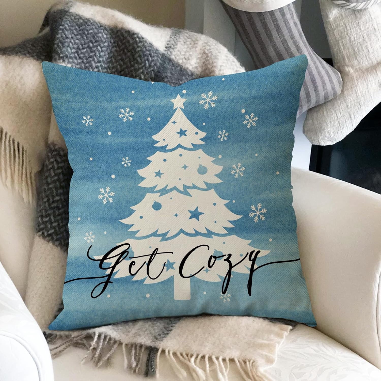 Winter Snowflake Decorative Throw Pillow Covers 18 x 18 Set of 4, Let It Snow Blue Christmas Tree Leaves Outdoor Pillowcase, Get Cozy Seasonal Holiday Farmhouse Cushion Case Home Decor