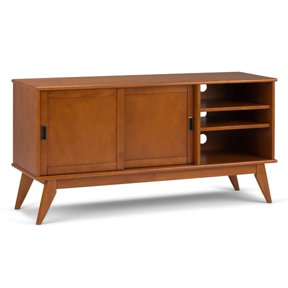 Simpli Home Draper 60 inch Wide Solid Wood Mid Century Modern Medium TV Stand in Teak Brown For TVs up to 65 inches