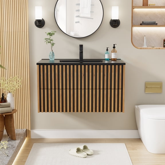 Eclife 36" Wall Mount Bathroom Vanity with Integrated Sink, Modern Farmhouse Style, Space-Saving Floating Design