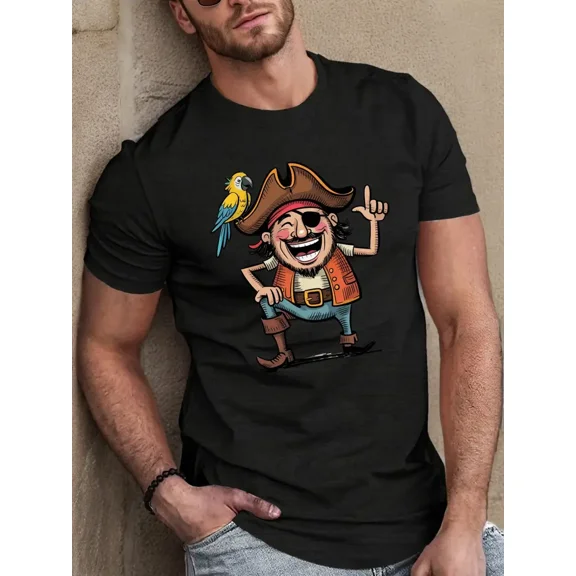 Men's Pirate Parrot Graphic T-Shirt - Black Casual Short Sleeve Crew Neck Tee with Humorous Pirate Design