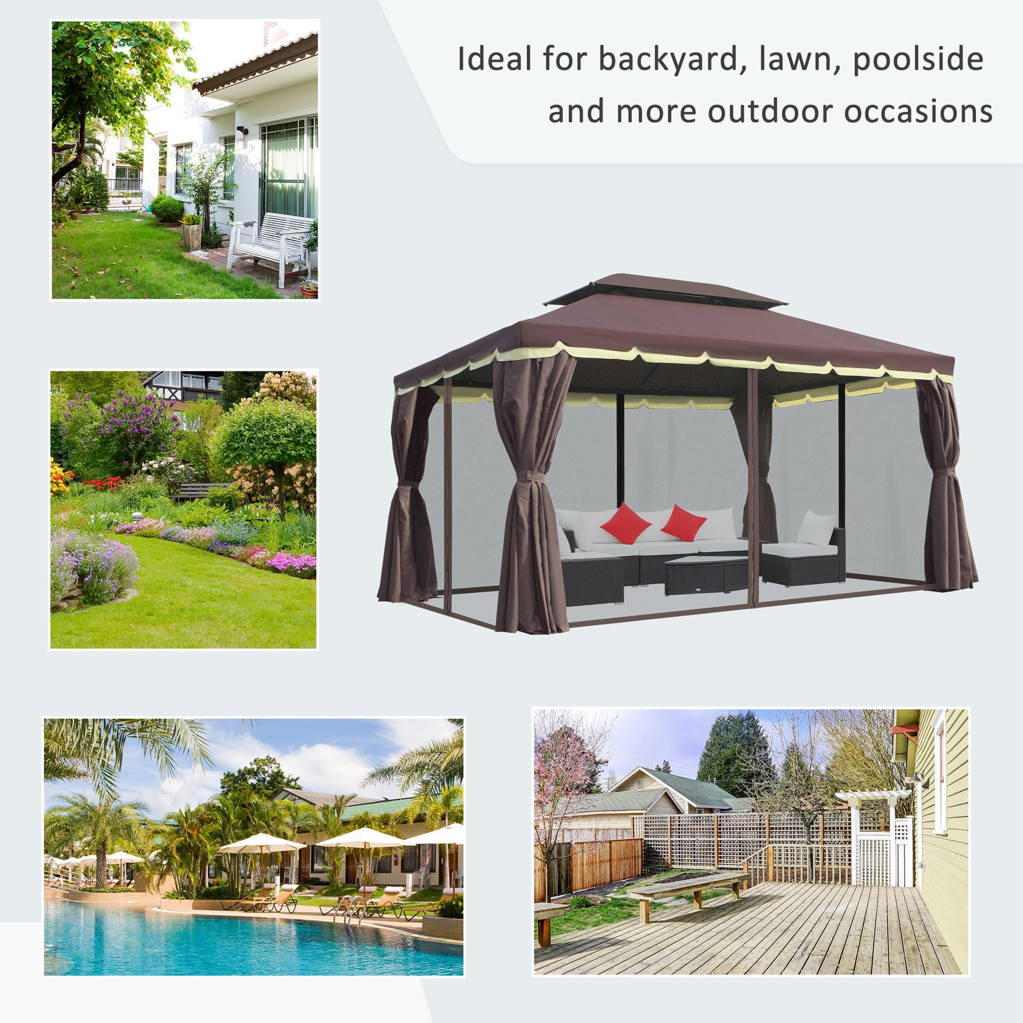 Outsunny 9.2 ft x 12.8 ft Patio Gazebo, Aluminum Frame for Outdoor, Coffee