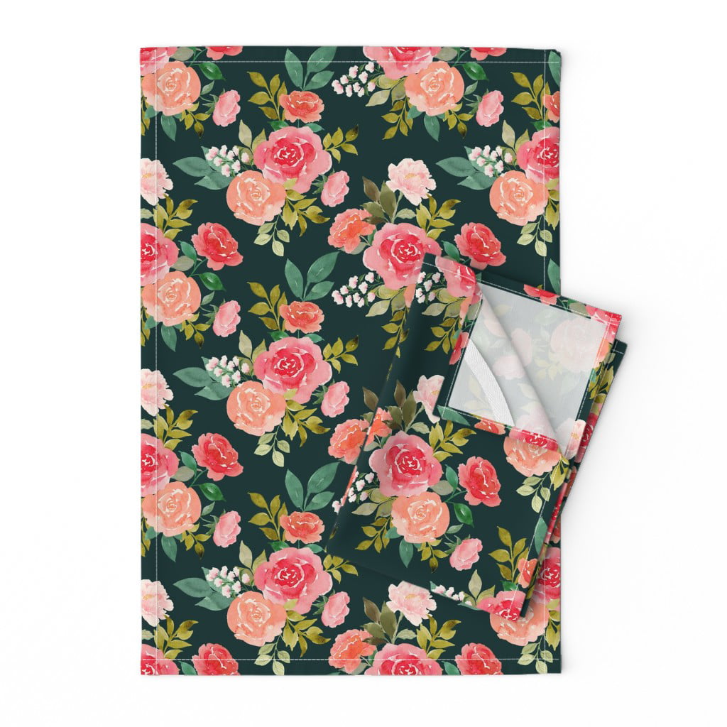 Pink Roses Floral Modern Nursery Linen Cotton Tea Towels by Roostery Set of 2 