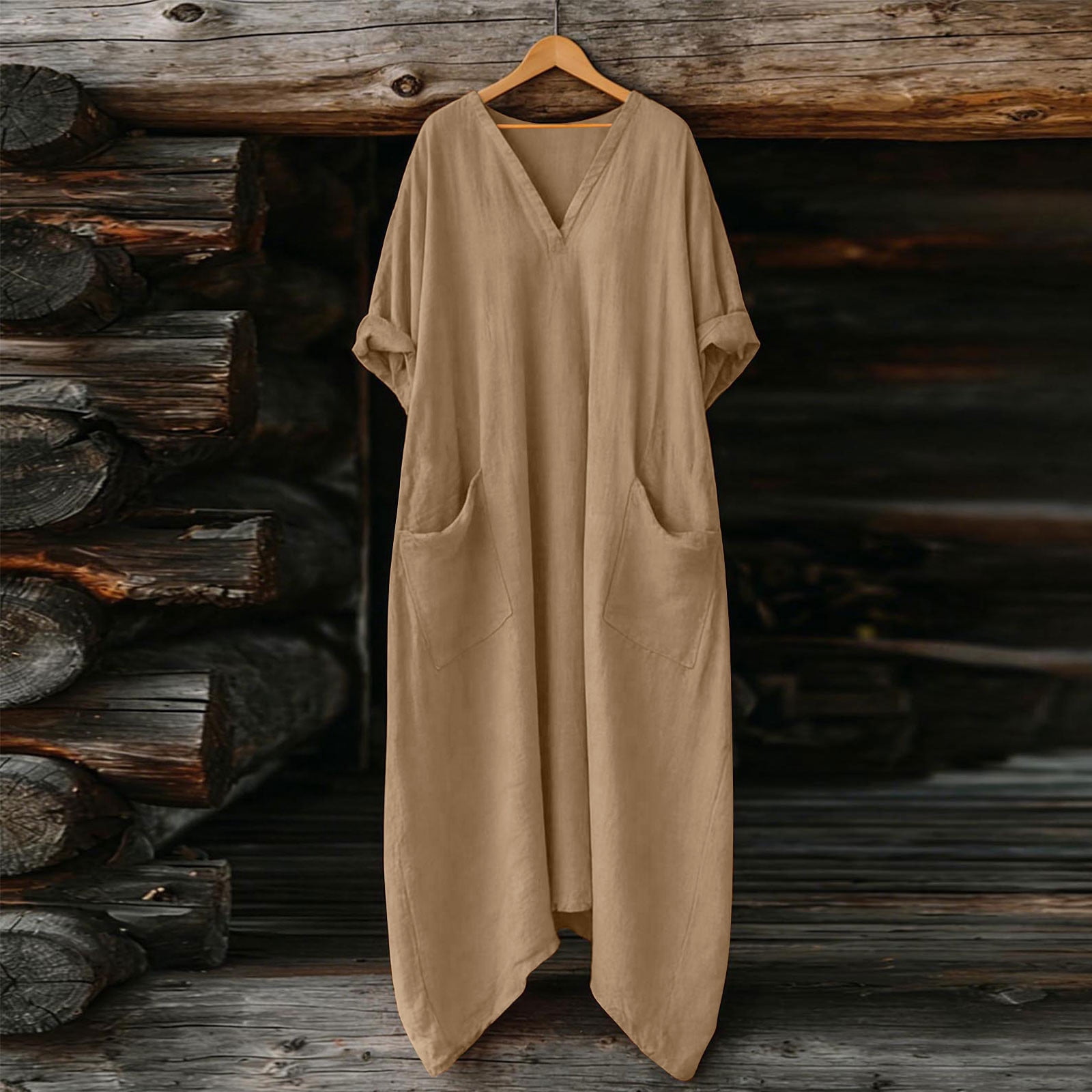 Dresses for Women, Womens Casual Loose Cotton Linen Long Shirt Dress, V-Neck Cuffed Sleeve Side Split Dresses with Pockets