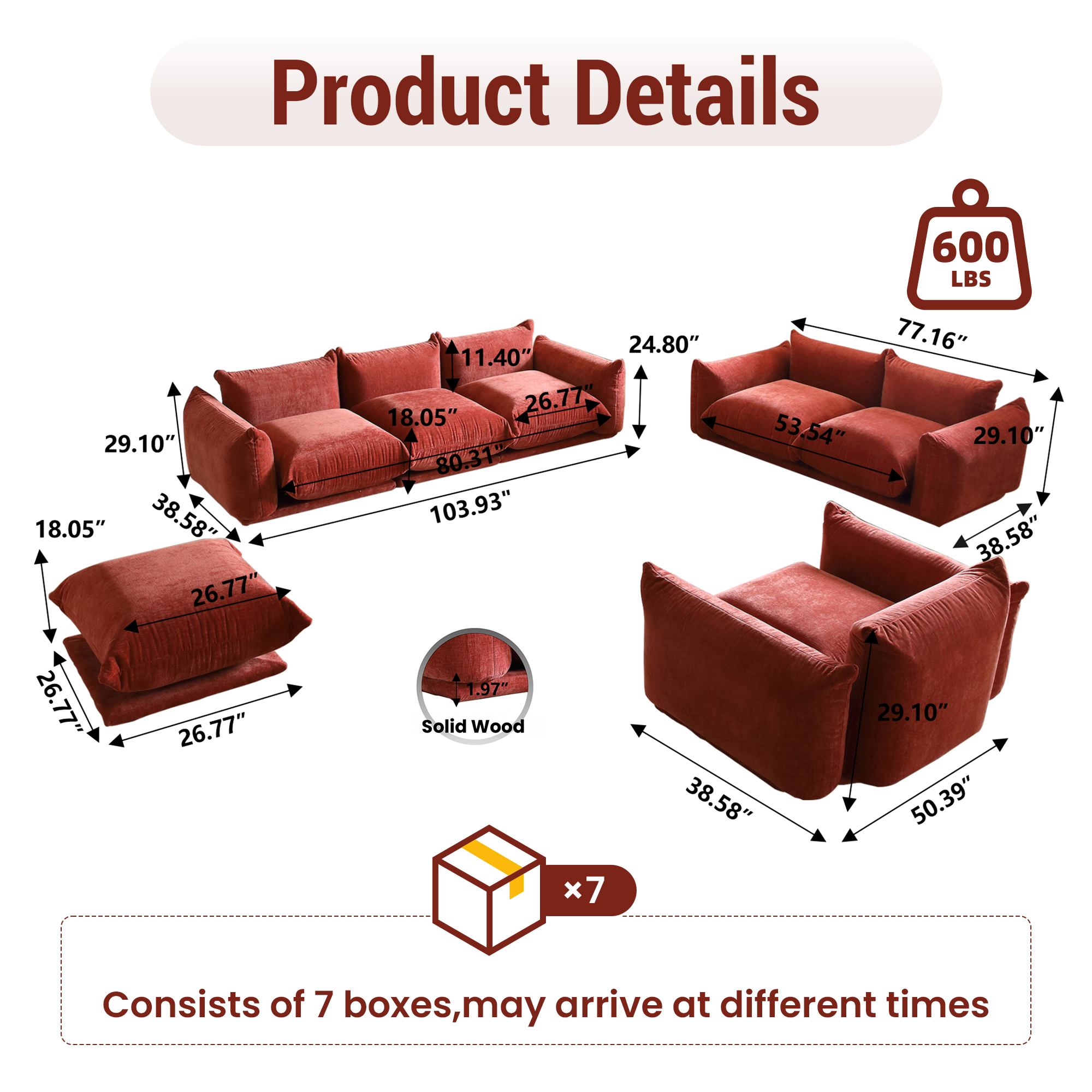 Magic Home Convertible Sectional Sofa Modular Couch Floor sofas Foam Couch L-Shaped Modern Sectional Sofas Chenille Modular Sofas Orange Sectional Sofas for Living Room Sets Sectional, Orange