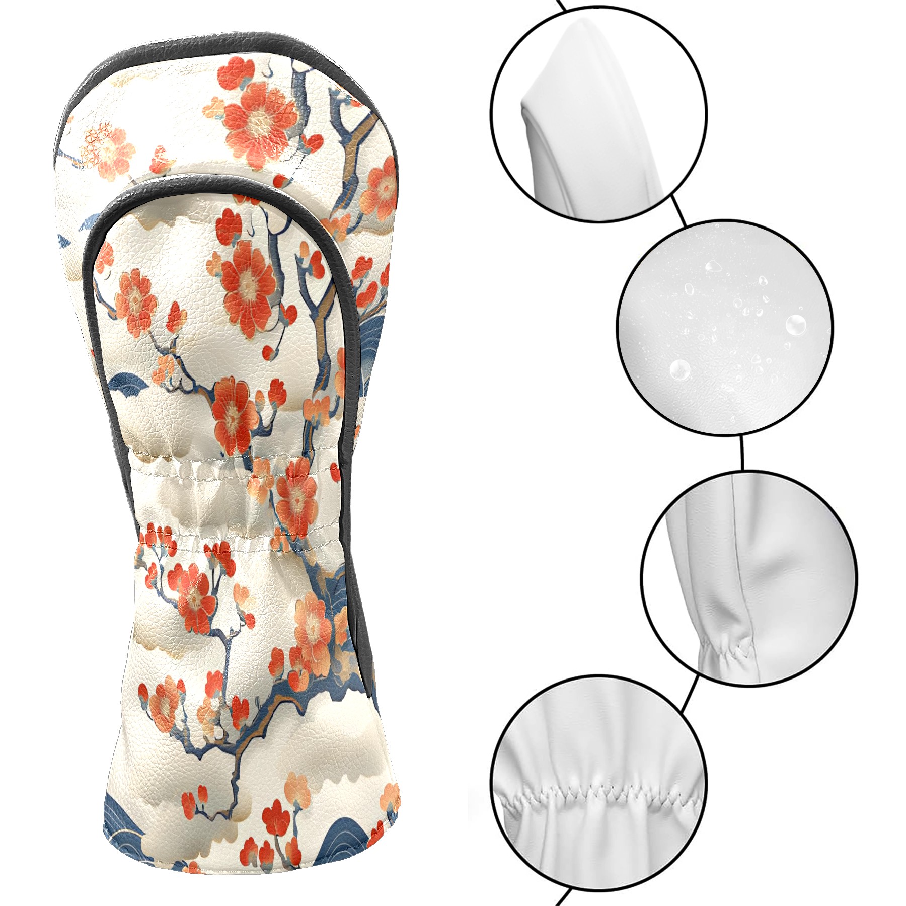 Golf Club Covers, White CherryBlossomWave Premium PU Leather Driver Hybrid Putter Head Covers with Velvet Lining, Waterproof Golf Gifts for Men Women