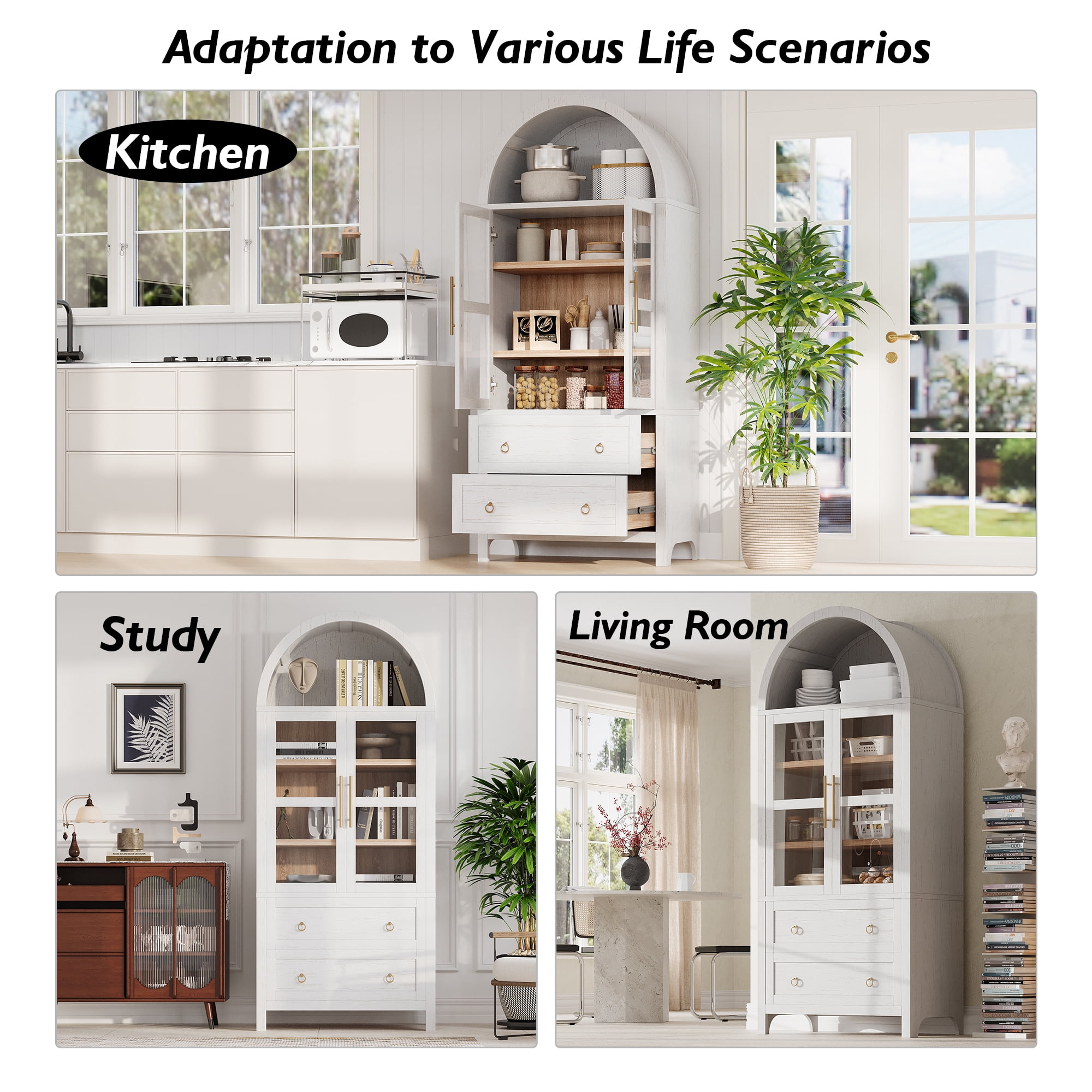 Harper & Bright Designs Arched Kitchen Pantry Cabinet with Glass Door and Shelves, Tall Farmhouse Kitchen Storage Cabinet with 2 Large Drawer and Versatile Cupboard, 71", White