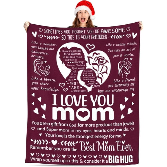 I Love You Mom Blanket for Mom Valentines Gifts for Mom from Daughter Son Birthday Gifts for Women Who Has Everything Blanket Gift for Her I Love You Mom Throw Blanket 60""×50"" Burgundy