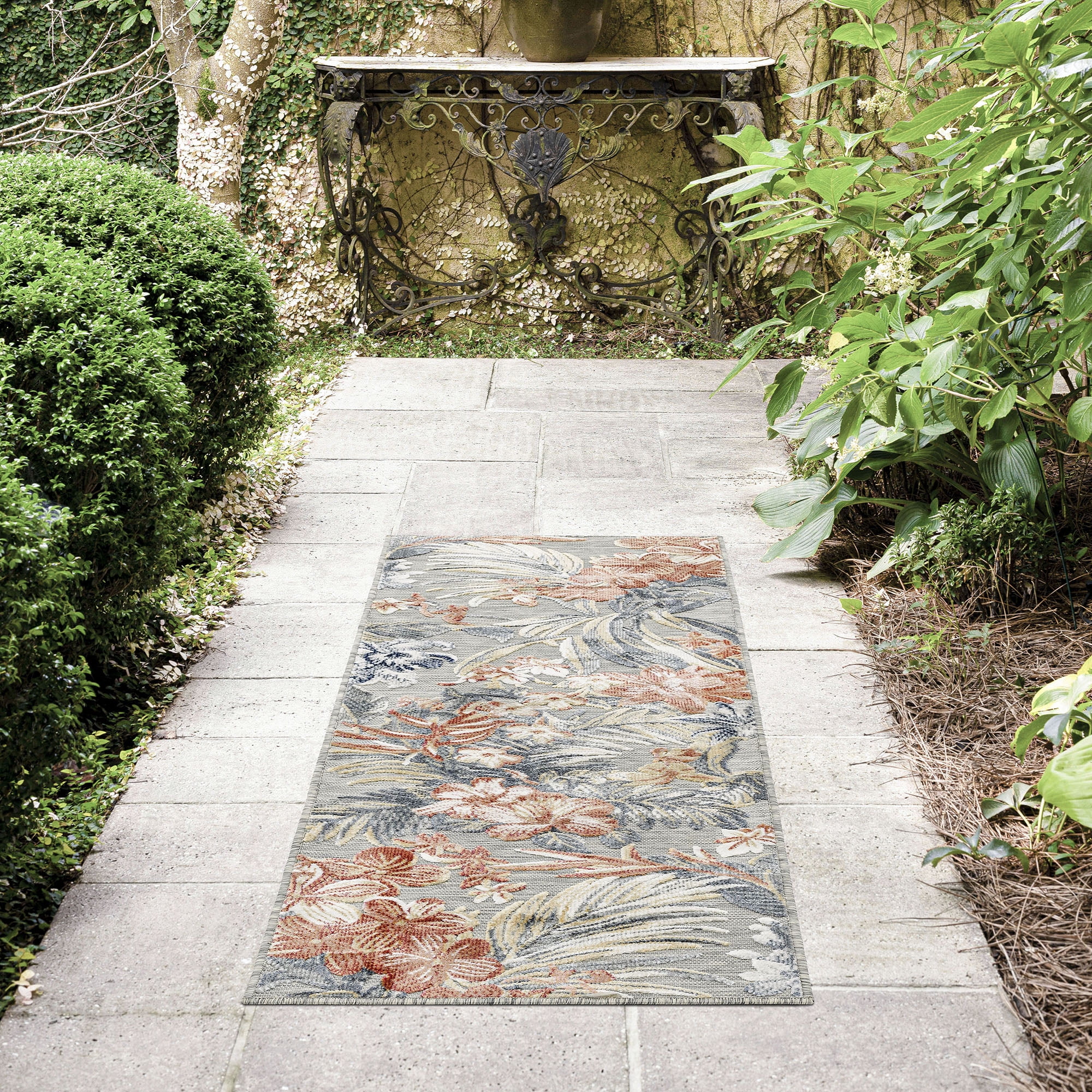 Bliss Rugs Floral Indoor Outdoor Rug Water Resistant Runner Rug for Patio, Hallway, Entryway, Deck, Gray ,2' x 8'