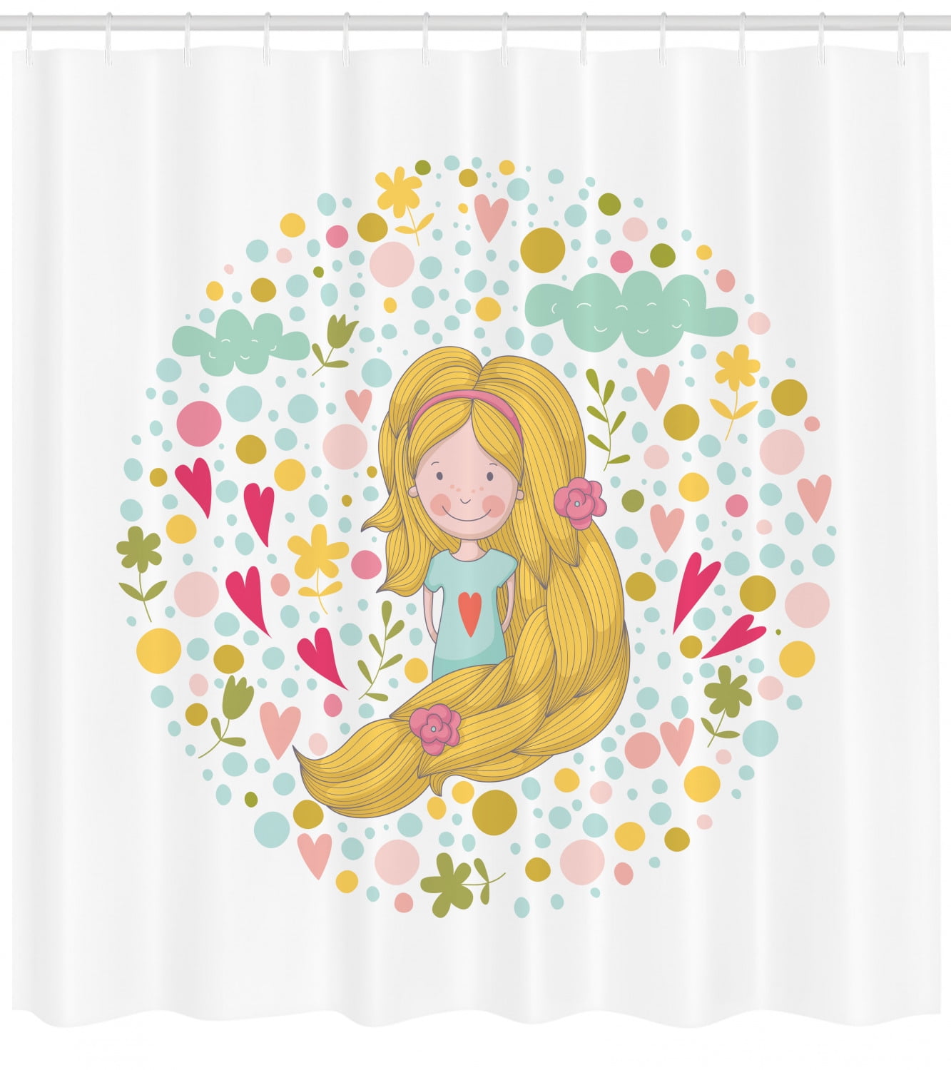 Kids Girls Shower Curtain, Little Kid with Pinkish Cheeks and Long Hair